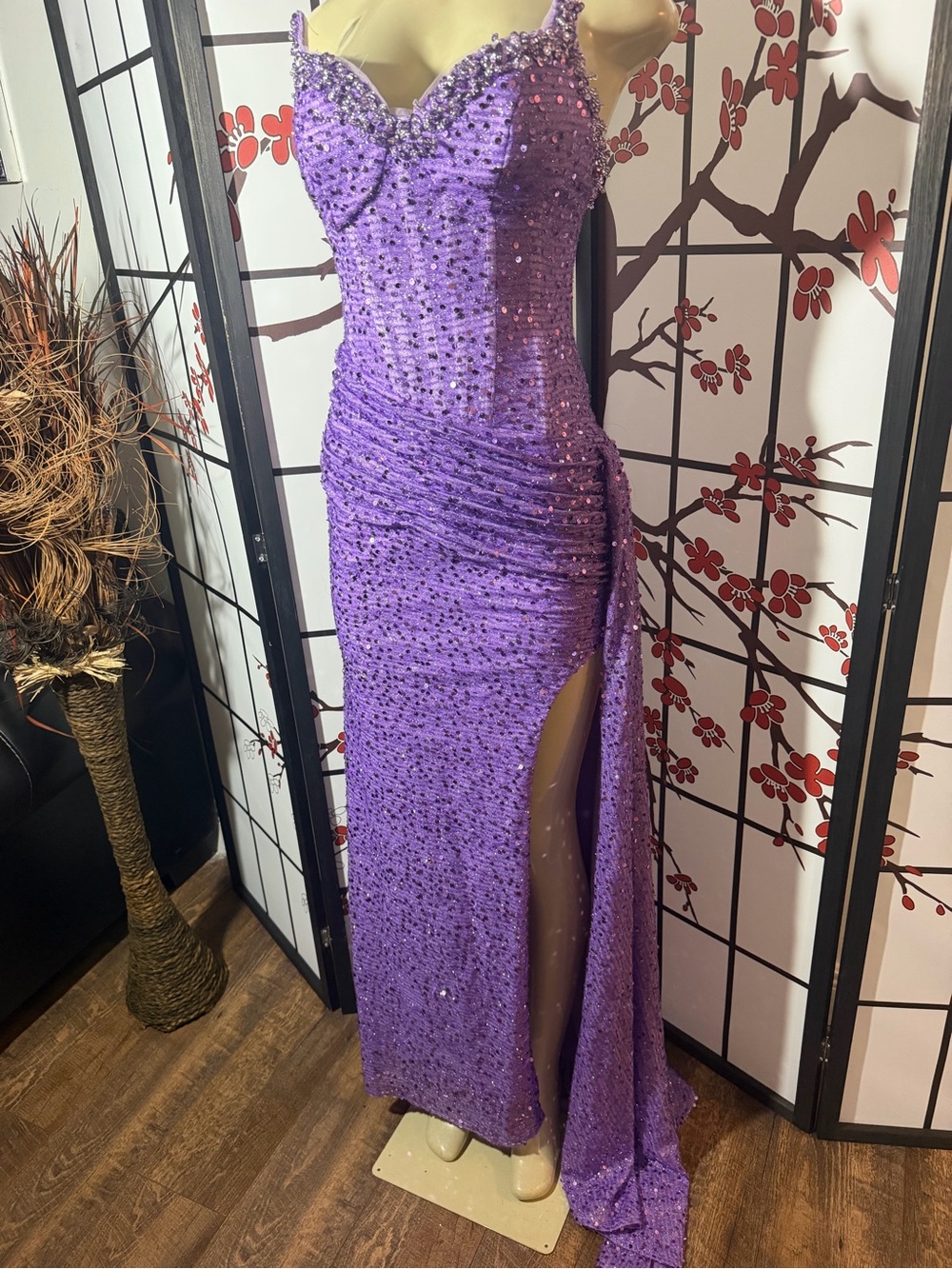 Purple Sequin Evening Gown with Side Slit